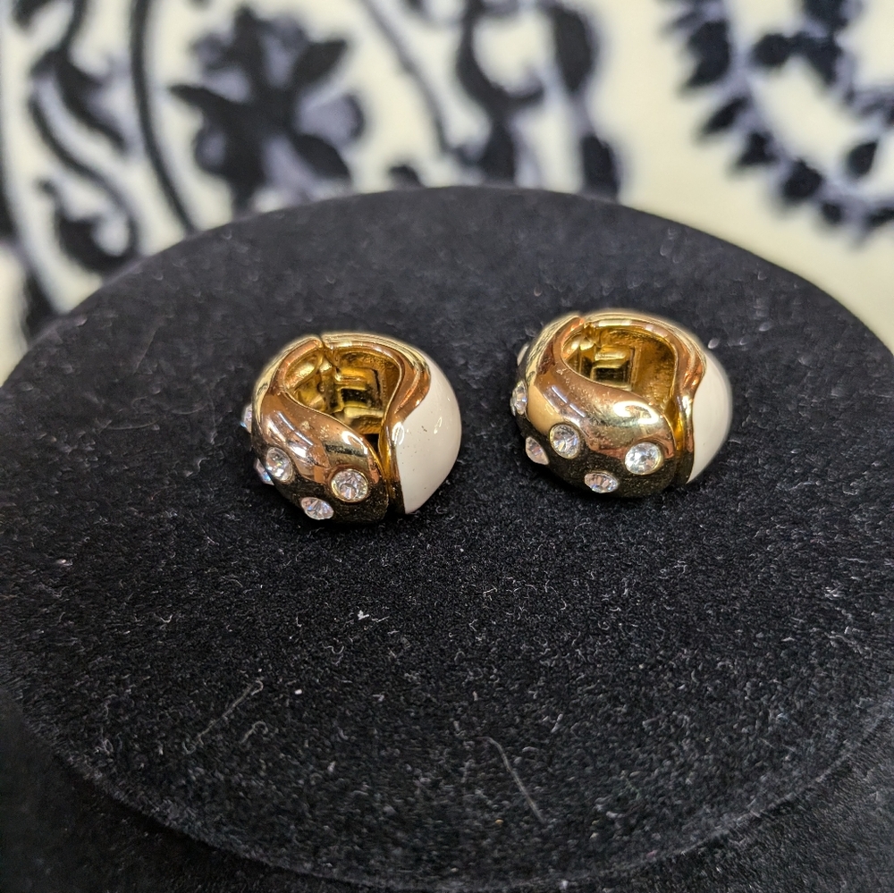 Vintage Classic E. Pearl Huggie Rhinestone And Enamel Earrings
